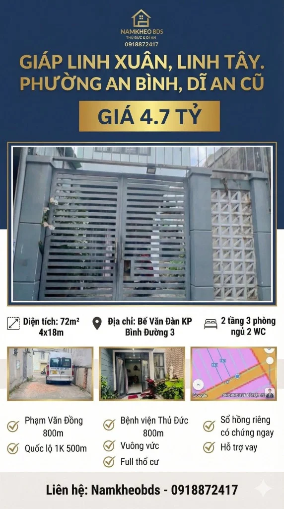 Bán nhà An Bình Dĩ An, nhà Bình Dương nhưng tiện ích Thủ Đức