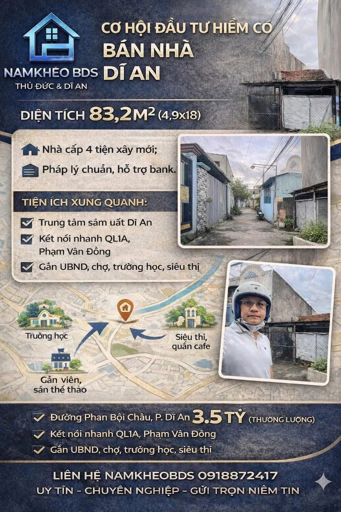 Bán đất Phan Bội Châu, Dĩ An, dt 84m2 ngang 4.9m, có nhà cũ, giá 3.5 tỷ