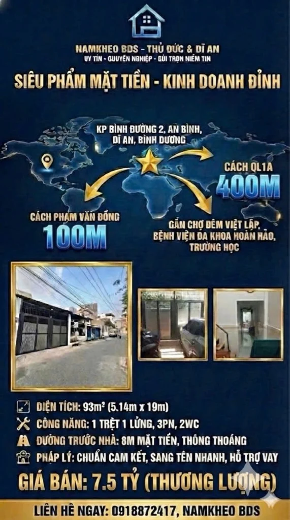 Okevip cá cược WC 2026 DĨ AN, GẦN ĐẠI LỘ PHẠM VĂN ĐỒNG, 93M2 MẶT TIỀN KINH DOANH, GIÁ CHỈ 7.5 TỶ