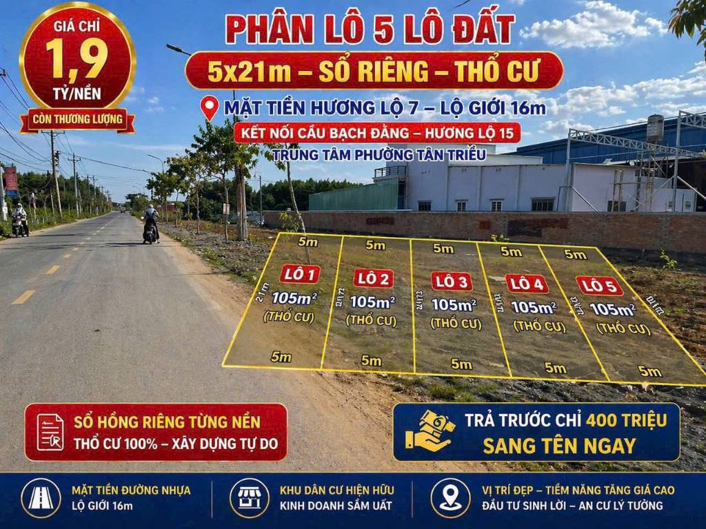 HOT, BÁN 5 NỀN ĐẤT MẶT TIỀN HƯƠNG LỘ 7, VĨNH CỬU, TRẢ TRƯỚC 400 TRIỆU SANG TÊN NGAY