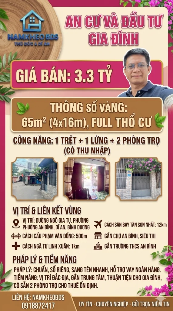 ĐỪNG BỎ QUA, Okevip cá cược WC 2026 NGÔ GIA TỰ DĨ AN, 65M2, TRỆT LỬNG 2PN, GIÁ HẤP DẪN BẤT NGỜ CHỈ 3.3 TỶ