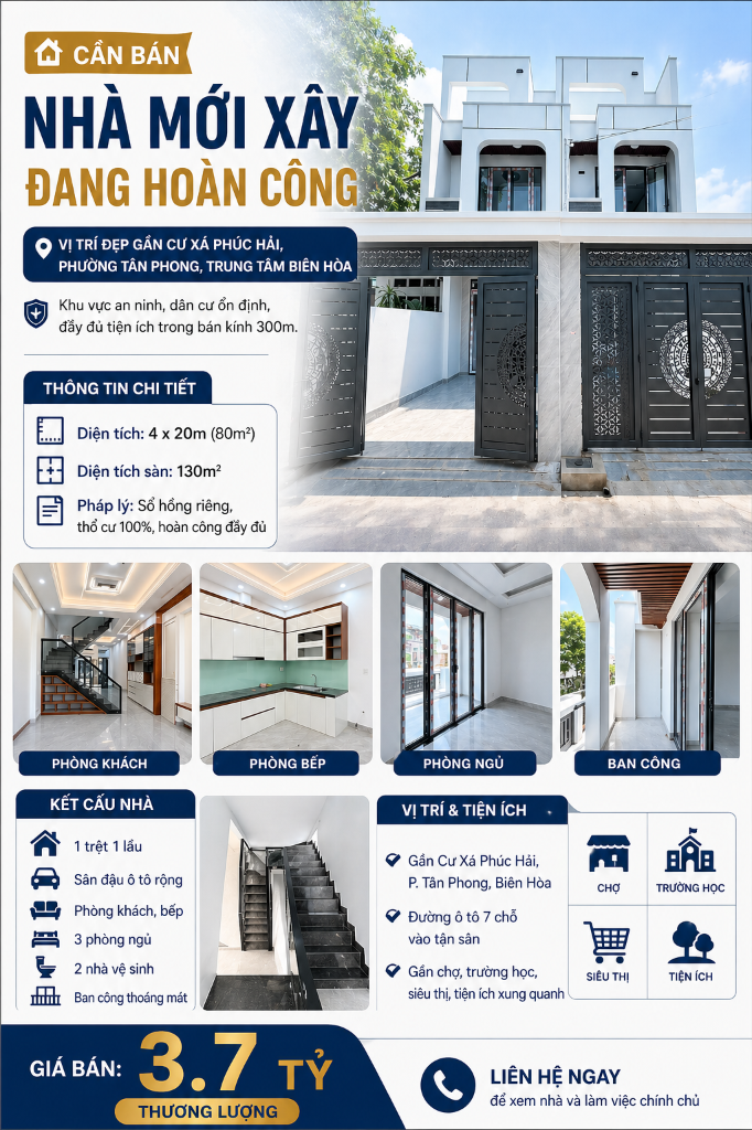 Bán nhà Tân Phong Biên Hòa, 1 trệt 1 lầu ,3PN, sân xe hơi, DTS 130m2, gần Phúc Hải