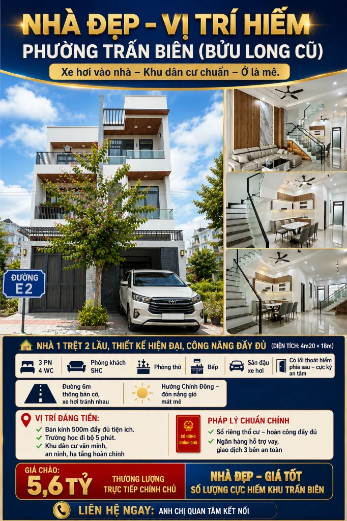 Bán nhà Nguyễn Du Bửu Long, sổ riêng Hoatdongokvip ưu đãi hấp dẫn, 2 lầu 1 trệt 3PN, sân xe hơi, gần trường Bỉnh Khiêm