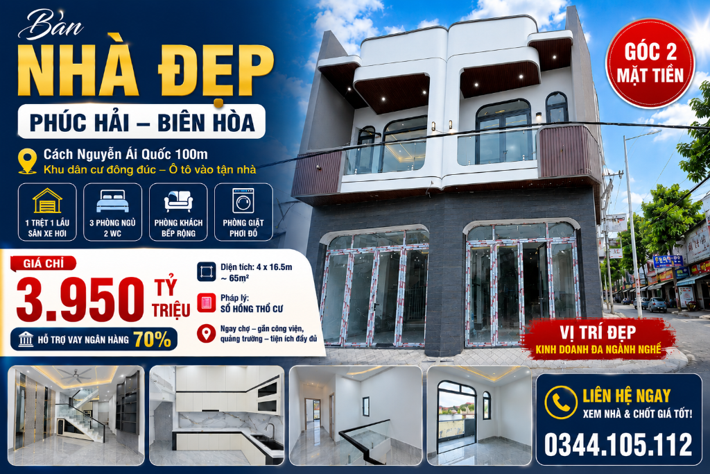 Bán nhà góc 2 mặt tiền Tân Phong Biên Hòa, gần Phúc Hải, sổ riêng sẵn, trệt 1 lầu 3PN, đường xe hơi
