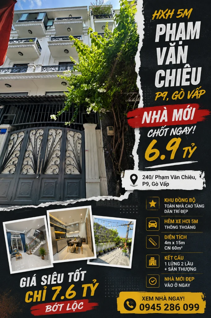 Okevip cá cược WC 2026 HXH 240 PHẠM VĂN CHIÊU GÒ VẤP, 4X15M CN 65M2 4 TẦNG SÂN THƯỢNG, KHU ĐỒNG BỘ, CHỈ 7.6 TỶ TL