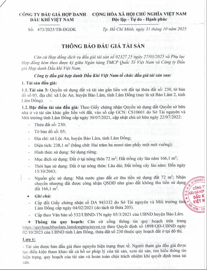 Bán đất Bảo Lâm, Lâm Đồng, Thương hiệu OK VIP com lĩnh mới số 230, tờ bản đồ số 05, giá khởi điểm 450 triệu