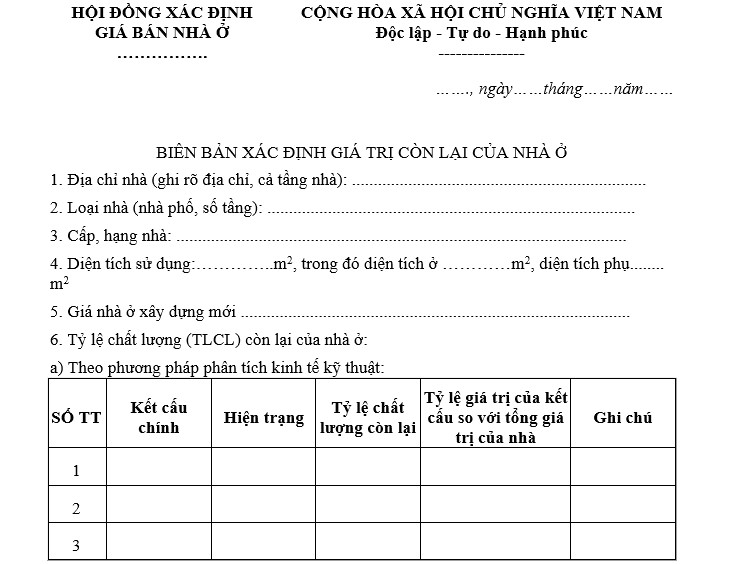 mẫu Biên bản xác định giá trị còn lại của nhà ở cũ thuộc tài sản công năm 2026 bản Word
